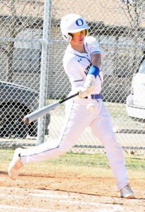 Olton junior, Jaxon Tomsu, led off the bottom of the third inning with a triple to right-center field, during the Mustangs district-opening win over the Hale Center Owls on Monday, 10-8. (Staff Photo by Derek Lopez)