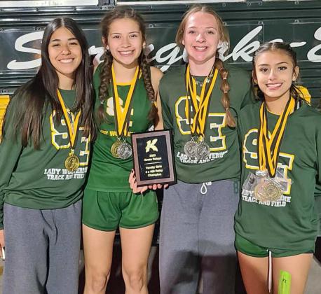 4X400 CHAMPIONS - The Springlake-Earth varsity girl’s 4x400- meter relay team of Aabriella Villanueva, Emma Samaron, Aryca Ibarra and Rylie Furr took first place at the Kress Relays on Friday with a time of 4: 39.20, to help the Lady Wolverines capture the Kress Relays Team championship with a total of 154 points. (Submitted Photo)
