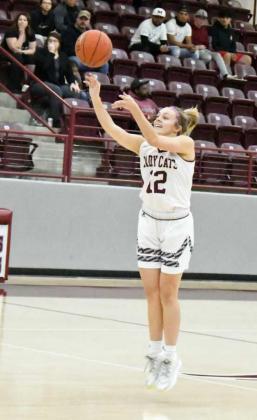 LETTING THE THREE FLY — Littlefield sophomore, Madison McNeese, fires up a deep three from the top of the key, during the first half of the Lady Cats’, 43-27, victory over Muleshoe on Tuesday in their second meeting of the season. (Staff Photo by Derek Lopez)