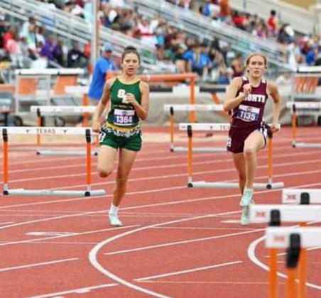 STATE TRACK MEET - Springlake-Earth junior, Emma Samaron, competes at the State Track Meet in Austin, where she brought home a bronze medal in the women’s 300-meter hurdles. (Submitted Photo)