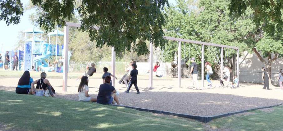 Guests enjoyed the swings while others preferred the shade at the Littlefield Primary Back to School picnic on Monday, August 26, 2024. (Photo by Ann Reagan)