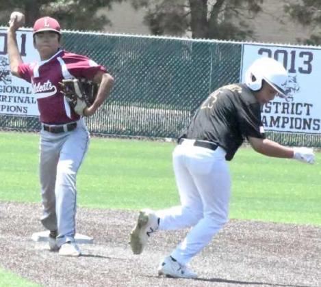 DOUBLE PLAY – Littlefield 15u shortstop, Isaiah Rodriguez, fielded a ground ball up the middle and took it himself to second, before firing to first for a double play, during the top of the fourth inning of the Wildcats championship game on Saturday with the Andrews Mustangs at the 15u Babe Ruth State Tournament that was held at Wildcat Field in Littlefield. (Staff Photo by Derek Lopez)