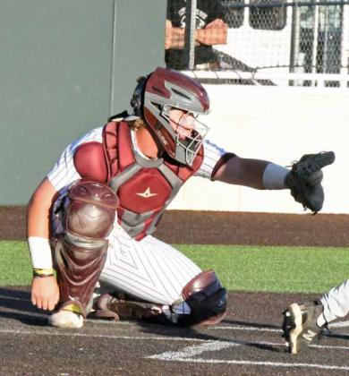Littlefield senior catcher, Brenden Bowman, catches strike three, during the second inning of the Wildcats’, 11-1, victory over the Muleshoe Mules on Tuesday at Wildcat Field. (Staff Photo by Derek Lopez)