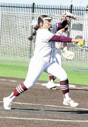 Littlefield junior pitcher, Natalia Sanchez, delivers a pitch, during the Lady Cats’, 5-4, victory over the Muleshoe Lady Mules on Tuesday to close out the regular season. (Staff Photo by Derek Lopez)