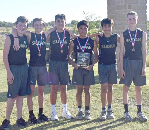 DISTRICT CHAMPIONS – The Sudan Hornets’ junior high cross country team won the district 4-2A Cross Country Meet at Lubbock Christian University on Monday. (Shown): Wyatt Parker, Brian Delgado, Miles Ledbetter, Angel Martinez, Christian Delgado and Hunter Dwyer. (Submitted Photo)