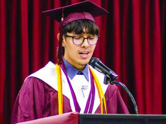 Class of 2026 Valedictorian Caleb Caudillo gives a speech at the Littlefield High School 2026 Graduation Ceremony on May 22, 2026. (Photo by Madison Vidales)