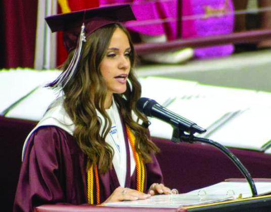 Class of 2026 Salutatorian Bryndle Ray gives a speech at the Littlefield High School 2026 Graduation Ceremony on May 22, 2026. (Photo by Madison Vidales)