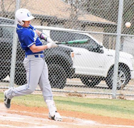 Olton’s Jaxon Tomsu rips a double to right-center field in the bottom of the third inning of the Mustang’s Lamb County Classic-opener against Ropes on Thursday morning. (Staff Photo by Derek Lopez)