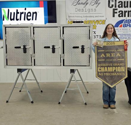 Teagan Miller and her Aluminum Pig Popper took home Reserve Grand Champion honors at the 2025 Littlefield Area Junior Livestock Show on Thursday. The Ag projects were judged by Dalton Howard. (Staff Photo by Derek Lopez)