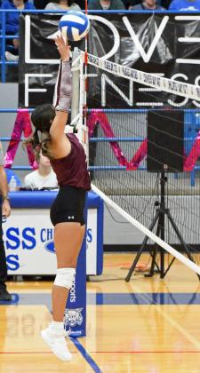 Littlefield’s Nevaeh Lopez, goes up for a block against Childress, during their road district match-up on Tuesday. (Staff Photo by Derek Lopez)