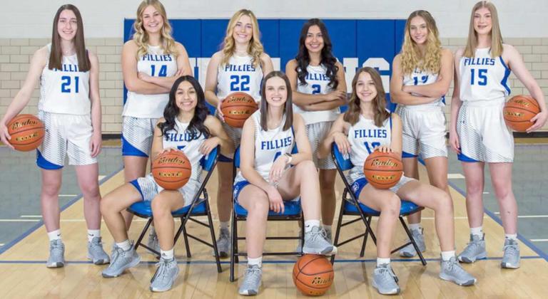 2021-22 OLTON FILLIES VARSITY BASKETBALL TEAM – The Olton Fillies are coached by Brittany Huseman and she is assisted this year by Kris Vasquez. (Shown L-R): Olivia Cox, Makenly Smith, Shaylee Leathers, Marissa Diaz, Kylee Noack, Makay Espy, Jaclyn Alcala, Aspen Struve and Emma Acker. (Submitted Photo)