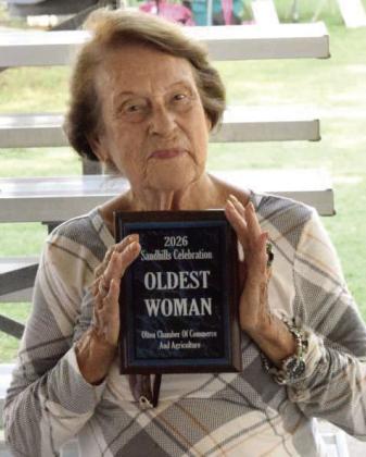 Peggy Carson received the award for Olton’s oldest woman at the Recognition of Pioneers and Guests program during the 2026 Olton Sandhills Celebration on Aug. 1. (Photo by Leon Szaniszlo)