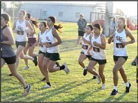 Members of the Lady Wolverines’ varsity cross country team compete at the Littlefield Invitational on Saturday. (Staff Photo by Derek Lopez)