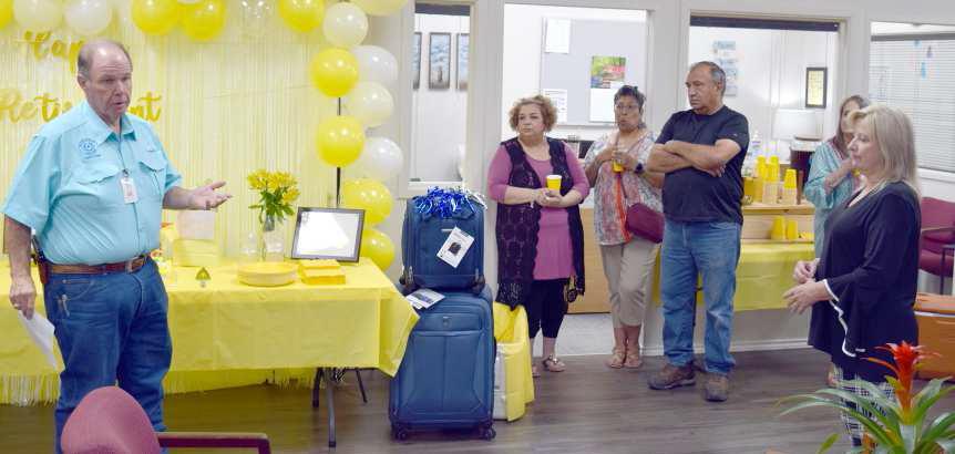 COUNTY JUDGE James DeLoach, left, addresses the guests at the Come and Go Retirement Party honoring Carrie Barden who served as the Juvenile Probation Officer of Lamb County for 40 years on Thursday, August 24, 2023 at the Family Resource Center in Littlefield, Texas. (Photo by Ann Reagan)