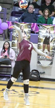 Littlefield sophomore, Lyric Rios, goes up for a hit, during the first set of the Lady Cats’ Bi-district loss to Bushland on Monday in Dimmitt. (Staff Photo by Derek Lopez)