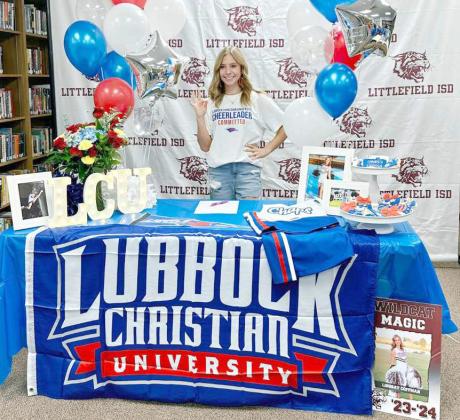 Littlefield senior cheerleader, Lindsay Coffman, signed her letter of intent on Monday to continue her Cheer career at Lubbock Christian University. She signed during a small ceremony in the Littlefield High School Library. (Submitted Photo)