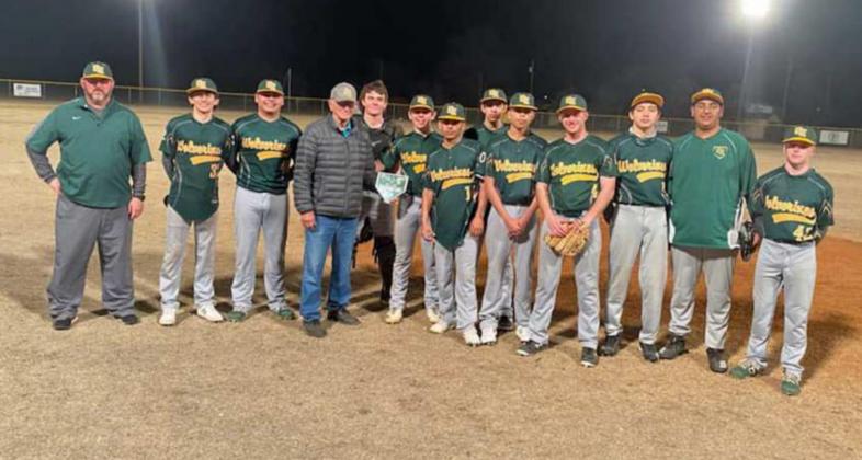 THIRD PLACE – The Springlake-Earth Wolverines’ varsity baseball team placed third at the Shorty Barlow Classic last weekend. (L-R): Head Coach Rick Royal, Evan DeLeon, Xavyer Mosqueda, Shorty Barlow, Trace Goodman, Davey Crandall, Jalen Solis, Alex Alvarez, Gavin Gonzales, Cuyler Crum, Josh Samaron, Simon Ibarra and Slade Beerwinkle. (Submitted Photo)