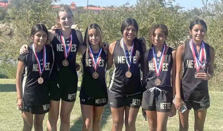 REGIONAL QUALIFIERS - The Sudan Nettes’ varsity cross country team competed at the District 4-2A Cross Country Meet at LCU on Monday, where they placed third overall, qualifying them for Regionals. They will compete at the Regional Meet at Mae Simmons Park in Lubbock on Tuesday, Oct. 24th. (Submitted Photo)