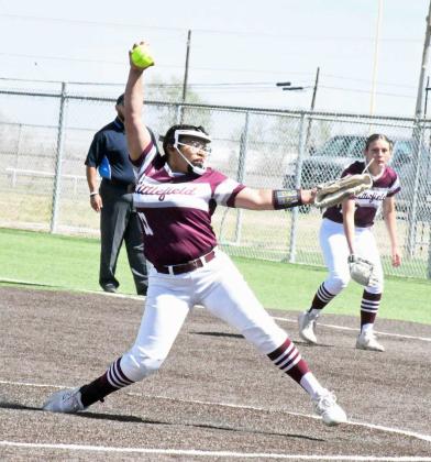 Littlefield freshman pitcher, Amaya McCanick, threw a no-hitter on Saturday against Dimmitt, as the Lady Cats run-ruled the Bobbies, 15-0, in their second meeting of the season. McCanick finished the day giving up two walks, while earning nine strikeouts. (Staff Photo by Derek Lopez)
