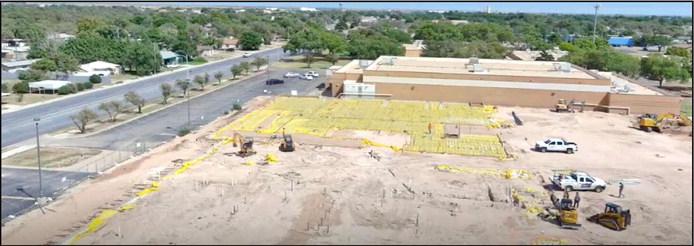 Shown is an ariel view of the construction progress of the new location of Littlefield High School. Construction will continue through next year, with expected completion projected for late 2024. (Submitted Photo)