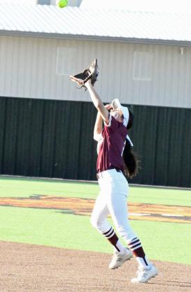 Littlefield second baseman, Brinley Acevedo, catches a pop up to retire the side in the bottom of the third inning, of the Lady Cats, 9-3, bidistrict loss to Presidio at Wink on Friday. (Staff Photo by Derek Lopez)