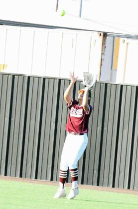 Littlefield right fielder, Cali Saldana, catches a fly ball for out number two in the bottom of the second inning of the Lady Cats, 9-3, bi-district loss to Presidio on Friday at Wink. (Staff Photo by Derek Lopez)