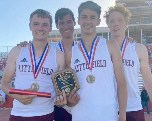 AREA CHAMPS - The Littlefield Wildcats 4x400-meter relay team of Chip Green, Ryan West, Omar Martinez and Sam Hill captured the Area title on Thursday in Denver City, clocking a time of 3:26.72. (Submitted Photo)