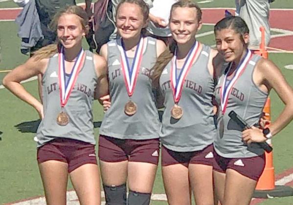REGIONAL QUALIFIERS - The Littlefield Lady Cats 4x100-meter relay team of Lindsay Coffman, Lauren Turpen, Kennadi Hanlin and Emily Champion placed third on Thursday in Denver City, clocking a time of 51.04, qualfying them for Regionals. (Submitted Photo)