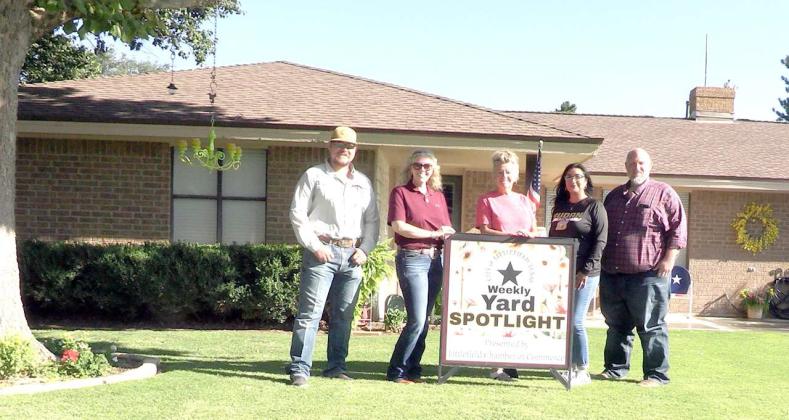 Congratulations to Charlize Johnson at 111 E. 27th, Yard of the Week Winner! (last week). We would like to thank our sponsors that make this possible Continental Dairy, Littlefield Chamber of Commerce and Agriculture and Hillcrest Funeral Home. From left to right is Cory Rogers, and Shawna Wagley Hastings, Chamber of Commerce members, resident Charlize Johnson, Maribel Fisher, Code Enforcement Officer, and Clay Hollis, Chamber of Commerce member. (Submitted Photo)