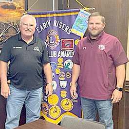 THE LITTLEFIELD EARLY RISERS LIONS CLUB enjoyed a program from Littlefield Wildcats Varsity Football Coach Bo Bryant on Tuesday morning, Aug. 22, 2023. Coach Bryant informed the club about this season’s player lineup, schedule and coaching staff. Pictured are Club President, Marshall King and Head Coach Bo Bryant. (Submitted Photo)