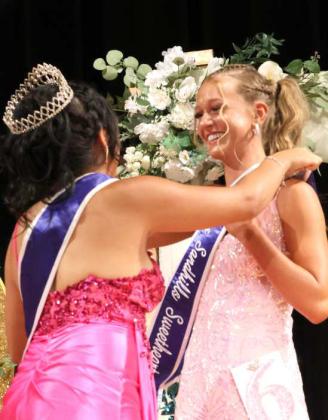 Sara Chivara- Miss Sandhills Sweetheart 2024, presented the Crown to Amie Beelitz-Miss Sandhills Sweetheart 2025 on Thursday July 31, 2025 at the Olton School Auditorium. (Photo by Ann Reagan)