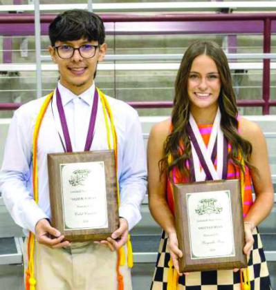 Littlefield High School Valedictorian Caleb Caudillo and Salutatorian Bryndle Ray receive recognition at the academic awards on May 19, 2026. (Photo by Madison Vidales)