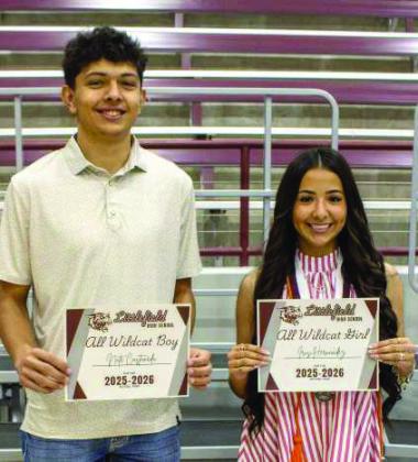 Nate Castaneda and Iris Hernandez receive the All-Wildcat Boy and Girl Award at the academic awards on May 19, 2026. (Photo by Madison Vidales)