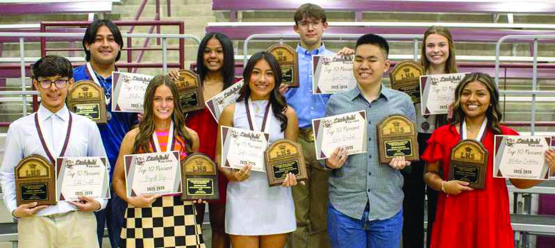 The Top Ten graduates of Littlefield High School receive recognition at the Littlefield High School academic awards ceremony. (Photo by Madison Vidales)