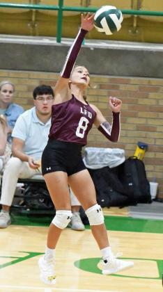 Littlefield’s Cobi Saldana goes up to deliver a kill, during the Lady Cat’s fourth set against Idalou on the road on Saturday in their districtopener. (Staff Photo by Derek Lopez)