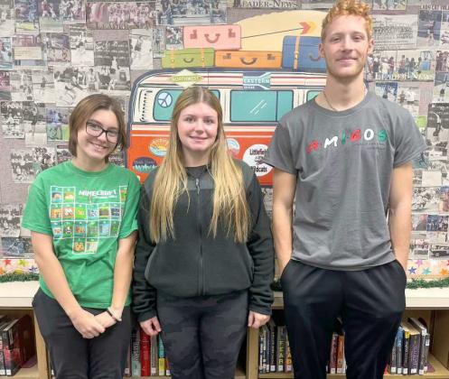 These Littlefield High School students participated in the Red Ribbon Week art contest with the City of Lubbock Health Department. Their artwork was displayed at the yearly Source to Solution Symposium as well as the November First Friday Art Trail in Lubbock. (Shown) Elizabeth Brantley, Alexaundrea Dalton and Sam Hill. (Submitted Photo)