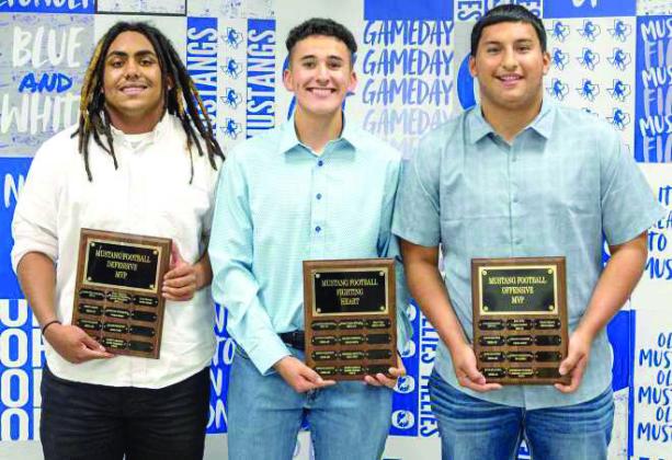 Football Awards: Keon Brown, Defensive MVP; Ryan Vega, Fighting Heart Award; Chris Cabrera, Offensive MVP . (Photo Courtesy of Dusty Gorman)