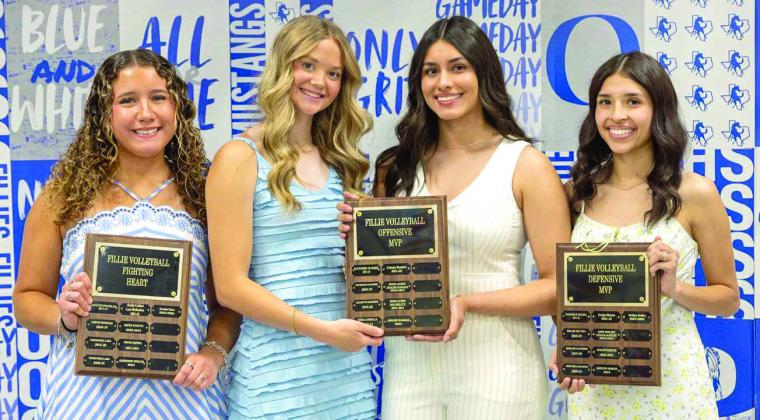 Volleyball Awards: Kambri Ruiz, Fighting Heart Award; Taryn Smith and Denisse Alvarado, Offensive MVP’s; Kaitlyn Avalos, Defensive MVP. (Photo Courtesy of Dusty Gorman)
