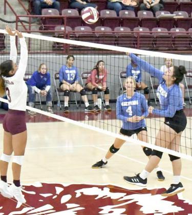 LOOKING FOR A KILL – Olton’s hitter sends a shot past Littlefield’s Geyah Garza, looking to score a point for the Fillies, during their match on Saturday at Wildcat Gym. (Staff Photo by Derek Lopez)