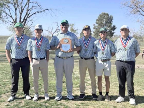 The Springlake-Earth Wolverine’s golf team claimed the dsitrict championship at Tulia on Monday where they also claimed the top three individual spots in the meet. Tyler Tanaro placed first overall, while Ethan Mosqueda placed second overall and Froylan Agundiz placed third individually. (L-R): Tyler Tanaro, Froylan Agundiz, Head Coach Juan Salas, Jacob Alvarez, Nathan Ramos and Ethan Mosqueda. (Submitted Photo)