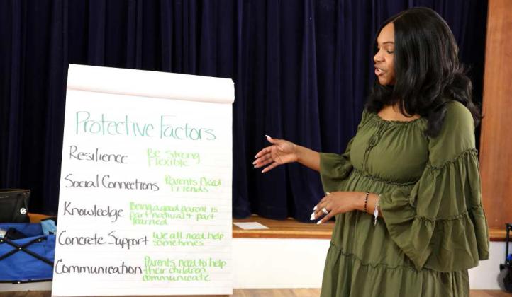 Sondra Okoruwa, Family Engagement Specialist with the Catholic Charities Diocese of Lubbock, Texas presented an educational program on Hygiene at the SPCCA Community Center at Laguna Park in Littlefield on Tuesday, February 25, 2025. (Photo by Ann Reagan)