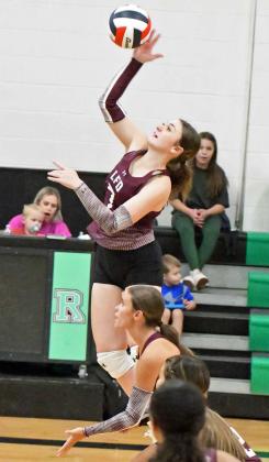 Littlefield’s Lyric Rios delivers a hit, during set one of the Lady Cats victory over Klondike at Ropes on Tuesday during their dual. (Staff Photo by Derek Lopez)
