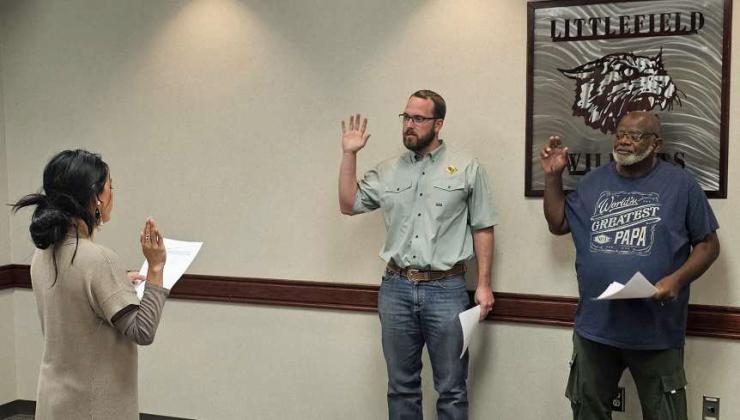 On Thursday, during the regular Littlefield ISD School Board Meeting, unopposed School Board Member Will Williams and newly elected School Board Member Reese Rogers were sworn in by Jessica Longoria to begin their new terms. (Staff Photo by Derek Lopez)