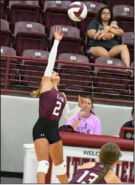 Littlefield’s Cobi Saldana, goes up to deliver a kill attempt, during the third set of the Lady Cats’ 0-3 loss to Denver City on Tuesday at Wildcat Gym. (Staff Photo by Derek Lopez)