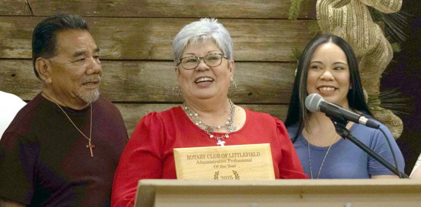 Administrator of the Year winner Mary Jane Rangel accepts her award alongside friends and family at the Rotary Club of Littlefield’s Administrative Professionals’ Day luncheon on April 23, 2025. (Staff Photo by Madison Vidales)