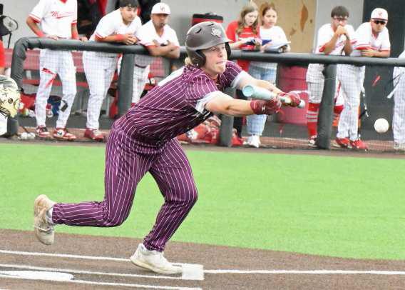 Littlefield’s Jakob Kirkland lays down a two-RBI bunt in the top of the third inning, as the throw to first was dropped, allowing two runs to score to make the score, 3-0, during game one of the Wildcats’ Class 3A Area Play-off series against the Denver City Mustangs. (Staff Photo by Derek Lopez)