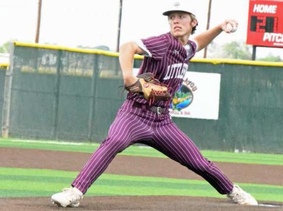 Littlefield’s Major McNeese pitch es a one-hit shutout for the Wildcats in game one of their Class 3A Area Play-off series against Denver City last Thursday, going seven innings, giving up one hit and one walk, while earning eight strikeouts in the contest. (Staff Photo by Derek Lopez)