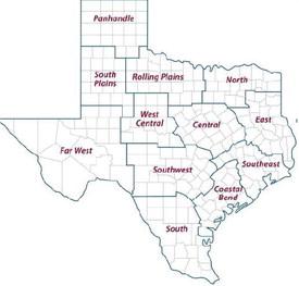A map of the 12 Texas A&amp;amp;M AgriLife Extension Service districts.
