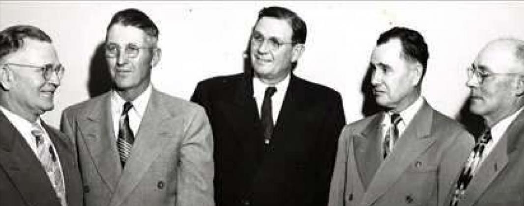 THE 1953 HPWD BOARD OF DIRECTORS are shown in this file photo. They are (L-R) Precinct Four Director Virgil Dodson of Hereford; Precinct Three Director Willis Hawkins of Hart; Precinct One Director W. O. Fortenberry of Lubbock; Precinct Two Director George Broome of Springlake; and Precinct Five Director C.J. Taylor of Lockney. Mr. Fortenberry was Board President, Mr. Hawkins was Vice-President, and Mr. Broome was Secretary. (Submitted Photo)