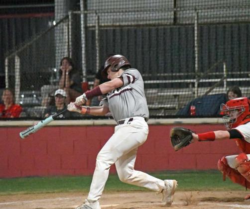 Littlefield junior, Jayden Kirkland, blasts a double off of the left-field fence, during the top of the second inning, of the WIldcats, 16-5, victory over the Tigers in Slaton on Tuesday. (Staff Photo by Derek Lopez)